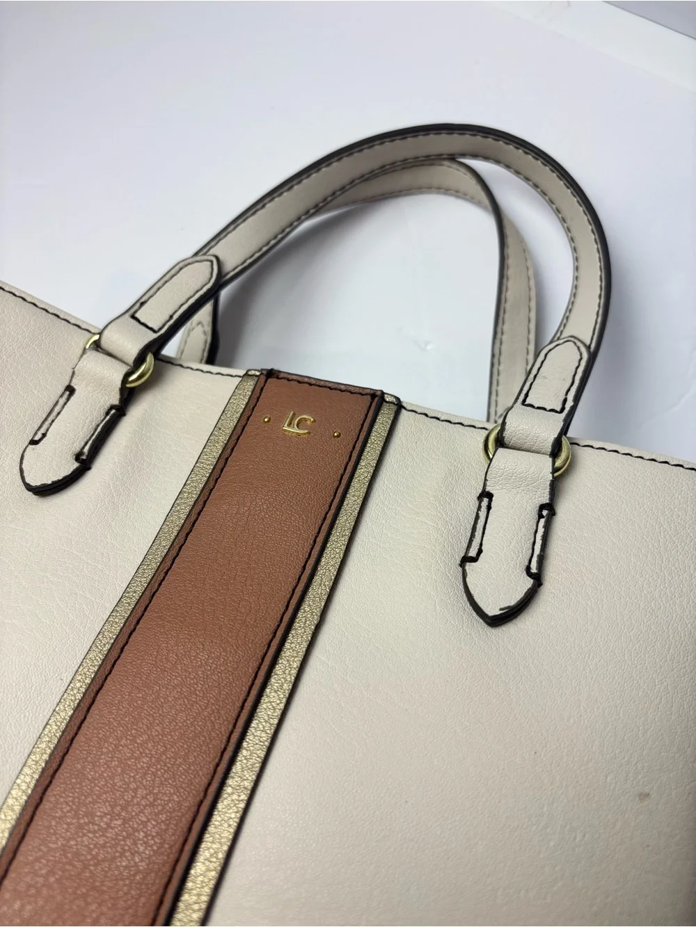 Liz Claiborne Cream Tote with Brown Center Stripe